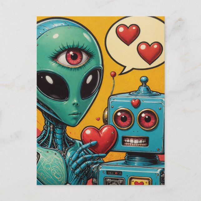 Alien and a Robot in Love Postcard (Front)