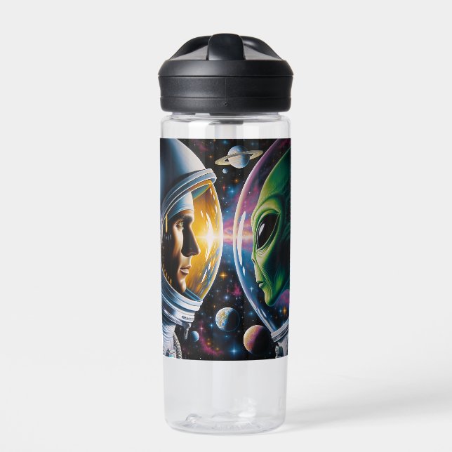 Alien and Astronaut in Space Personalised Water Bottle (Front)