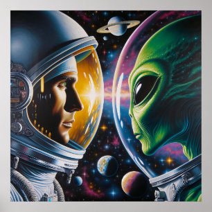 Alien and Astronaut in Space  Poster