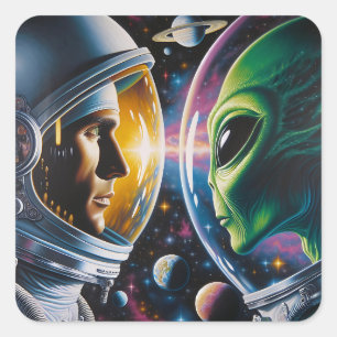 Alien and Astronaut in Space Square Sticker