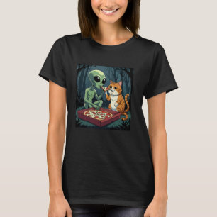 Alien And Cat Eating Pizza T-Shirt