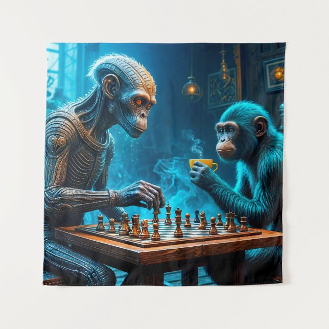 Alien and Monkey Playing Chess with Coffee Tapestry (Front)