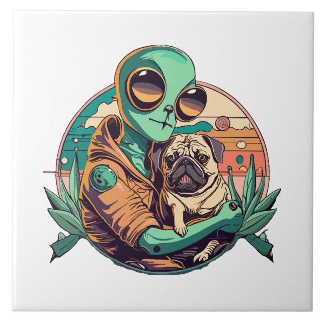 Alien and Pug Ceramic Tile (Front)