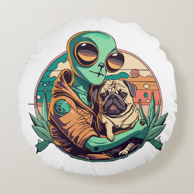 Alien and Pug Round Cushion (Front)