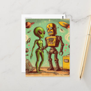 Alien and Robot Retro Love Postcard