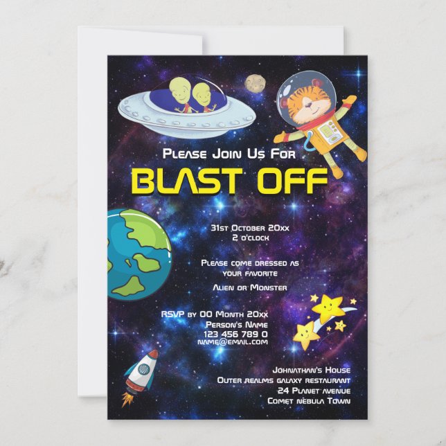 Alien animal astronauts ANY AGE space galaxy party Invitation (Front)