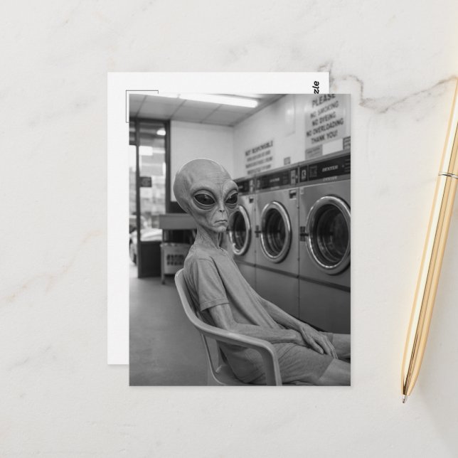Alien at laundromat  postcard (Front/Back In Situ)