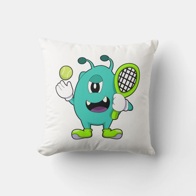 Alien at Tennis with Tennis racket Cushion (Front)