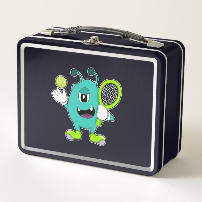 Alien at Tennis with Tennis racket Metal Lunch Box (Front)