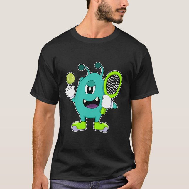 Alien at Tennis with Tennis racket T-Shirt (Front)