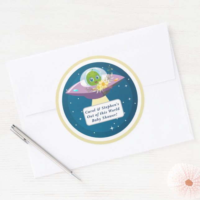 Alien Baby Shower Classic Round Sticker (Envelope)