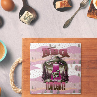 Alien BBQ Cow Abduction Joke Ceramic Tile