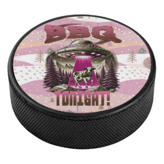 Alien BBQ Cow Abduction Joke Hockey Puck