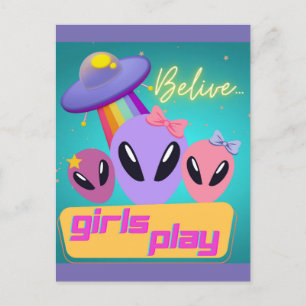 alien believe girls play postcard