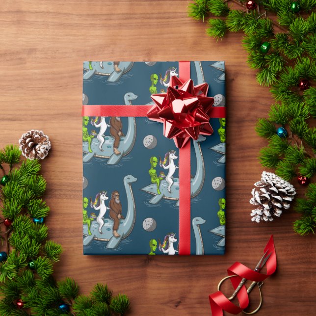 Alien Bigfoot Unicorn Riding Loch Ness Monster Wrapping Paper (Holiday Gift)