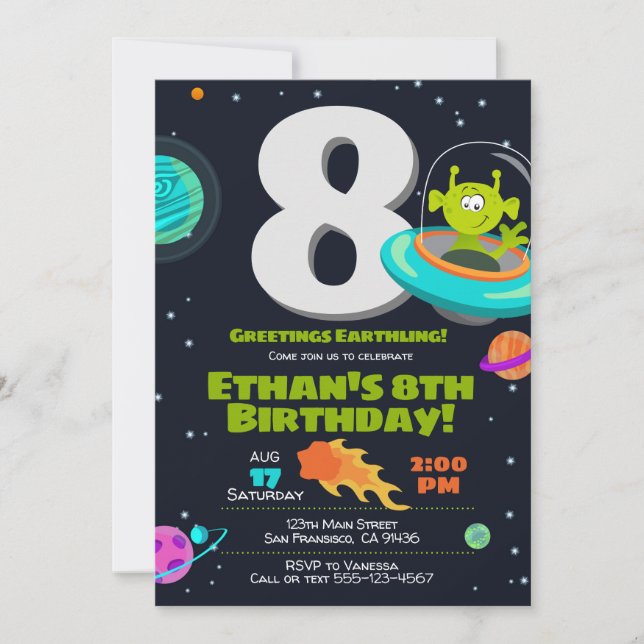 Alien Birthday Invitation, Space Birthday Invite (Front)