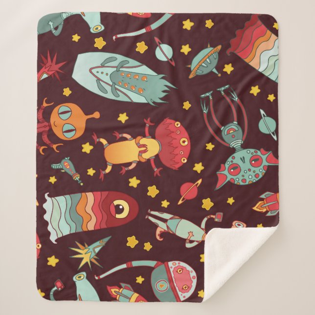 Alien Cartoon: Vintage Space Fun Sherpa Blanket (Front)