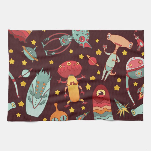 Alien Cartoon: Vintage Space Fun Tea Towel (Horizontal)
