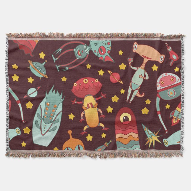 Alien Cartoon: Vintage Space Fun Throw Blanket (Front)
