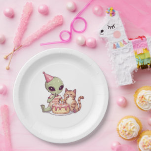 Alien Cat Birthday Party Cartoon Paper Plate