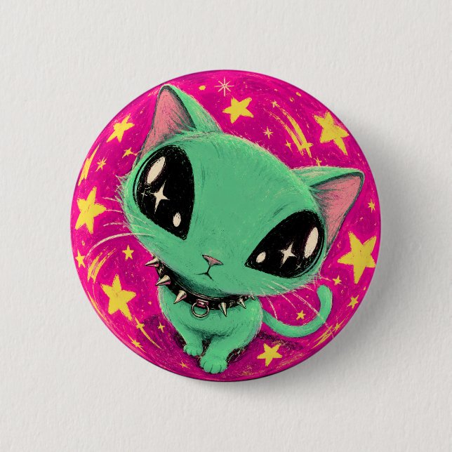Alien Cat Fisheye Space Art Button (Front)