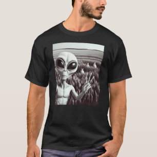 Alien Cat Funny Black and White Selfie UFO Peace S T-Shirt