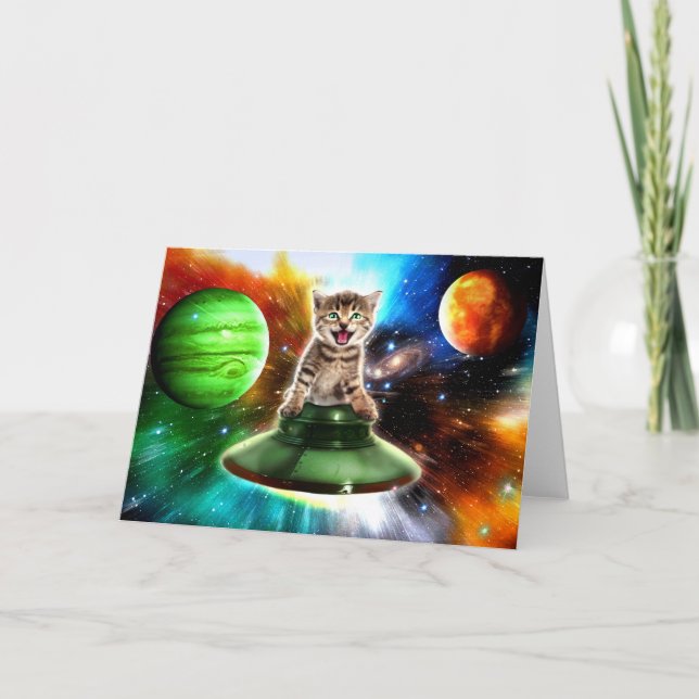 Alien cat in the ufo saucer                        card (Front)