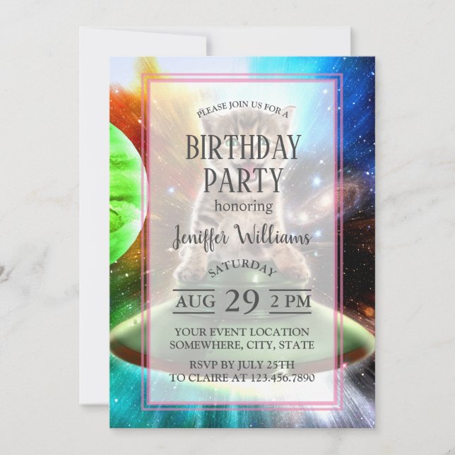 Alien cat in the ufo saucer                        invitation (Front)