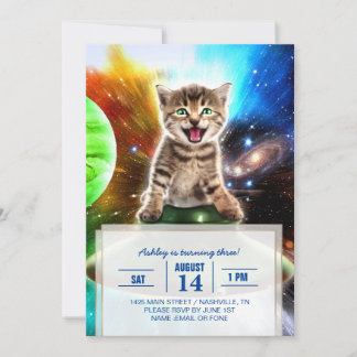 Alien cat in the ufo saucer invitation