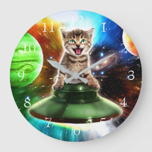 Alien cat in the ufo saucer                        large clock