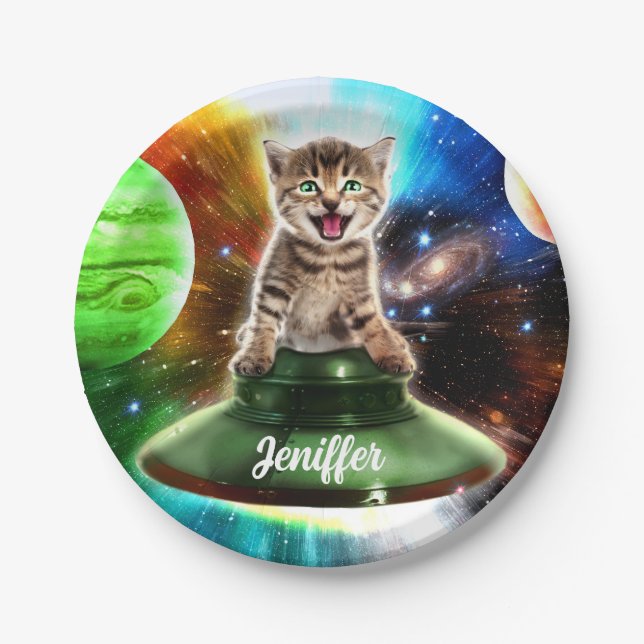Alien cat in the ufo saucer                        paper plate (Front)