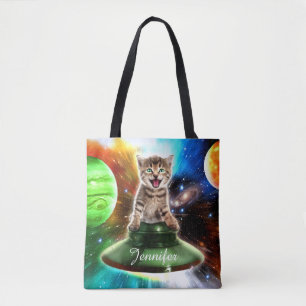 Alien cat in the ufo saucer tote bag