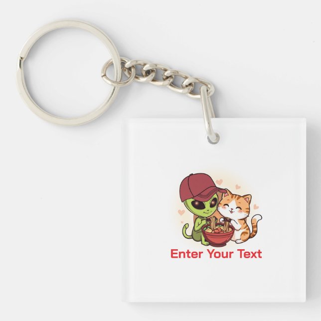 Alien & Cat Sharing Ramen Kawaii Art Key Ring (Front)