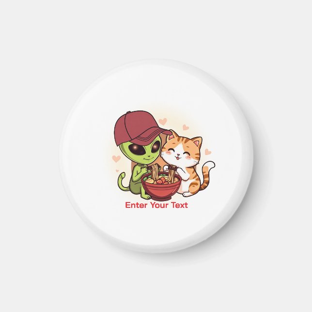 Alien & Cat Sharing Ramen Kawaii Art Magnet (Front)