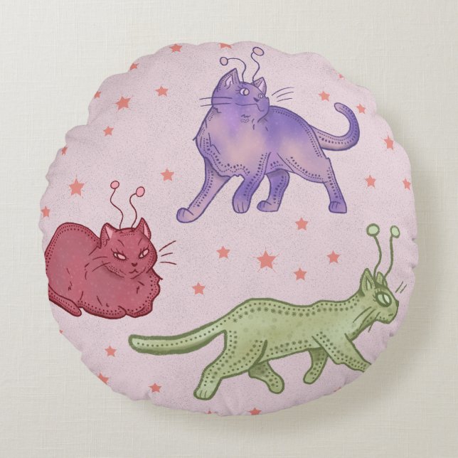 Alien Cats Whimsical Space Cat Funny Sci-Fi Round Cushion (Front)