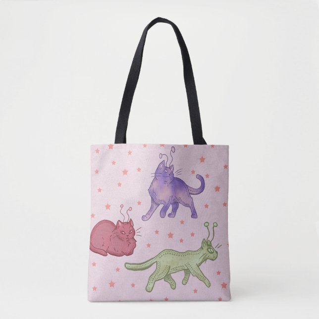 Alien Cats Whimsical Space Cat Funny Sci-Fi Tote Bag (Front)