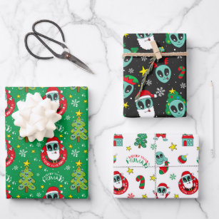 alien christmas pattern wrapping paper sheet