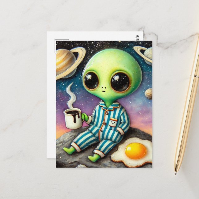 Alien Coffee With Egg Postcard (Front/Back In Situ)