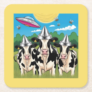 Alien Cows Tin Foil Hats,  UFO UAP Square Paper Coaster