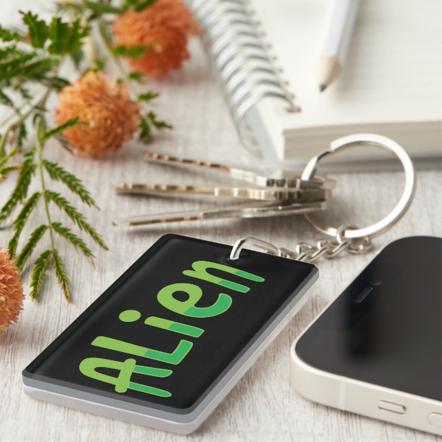 Alien Cute Playful Space Alien Green Typography Key Ring (Front Right)
