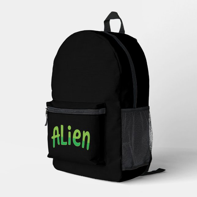 Alien Cute Playful Space Alien Green Typography Printed Backpack (Back Corner Right)