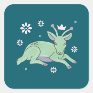 Alien Deer Folk Art Whimsical Green Fawn Square Sticker