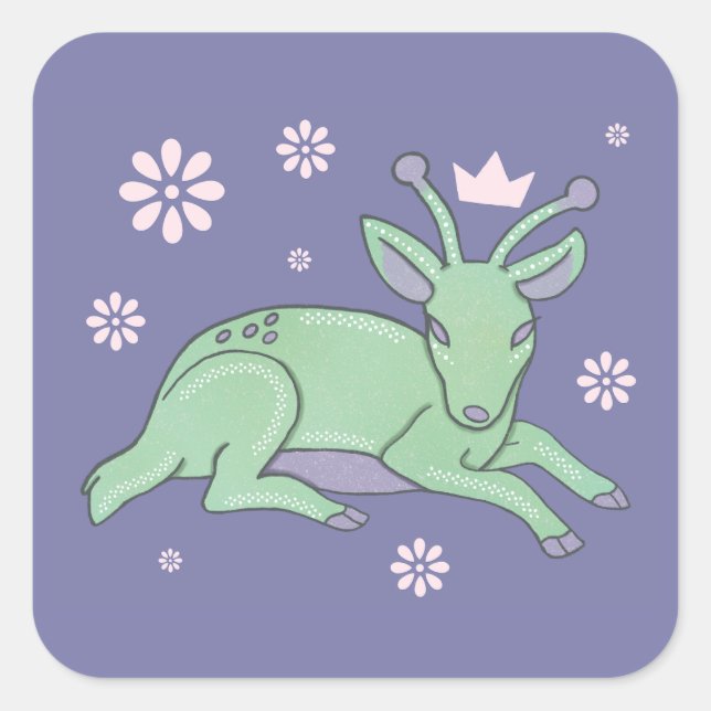 Alien Deer Folk Art | Whimsical Green Fawn Square Sticker (Front)