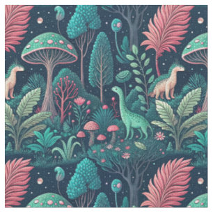 Alien Dinosaur Sci-Fi Neon Mushroom Forest Pattern Fabric