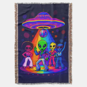 Alien Disco UFO with Disco Dancing Aliens Throw Blanket