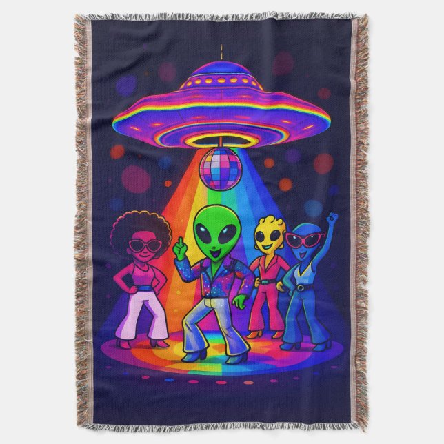 Alien Disco UFO with Disco Dancing Aliens Throw Blanket (Front Vertical)