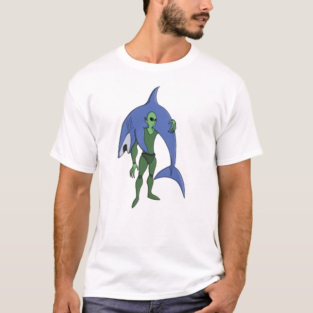 Alien Diver with Shark Funny Sci-Fi T-Shirt (Front)
