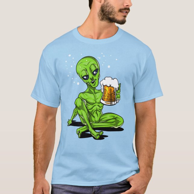 Alien Drinking Beer Space UFO Cosmic Party T-Shirt (Front)