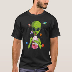 Alien Drinking Strawberry Milk Ufo Extraterrestria T-Shirt