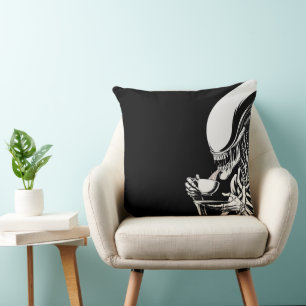 Alien Drinking Tea Throw Pillow – Funny Sci-Fi